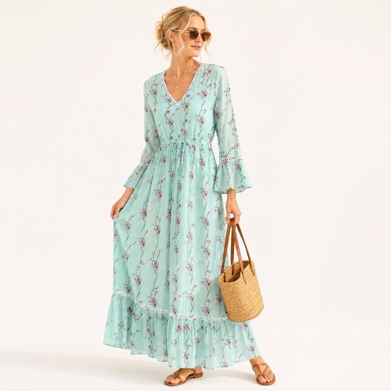Debbie Katz South Beach Aqua Floral Maxi Dress Sz M Gauzy Bell Sleeves Resort